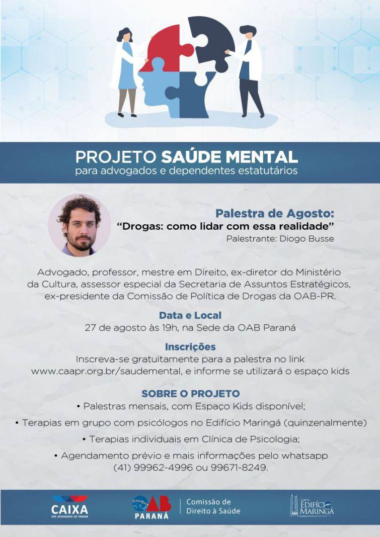 Inscrições gratuitas para a palestra pelo link www.caapr.org.br/saudemental - Foto: Divulgação