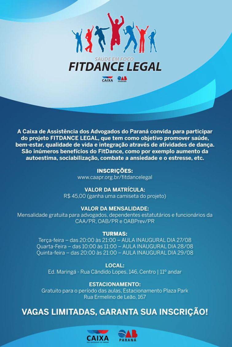 Inscrições para o projeto FitDance Legal em www.caapr.org.br/fitdancelegal - Foto: Divulgação